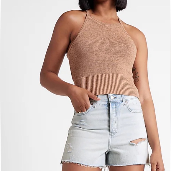 Express Open Back Halter Knit Top Tan Medium - Picture 3 of 6